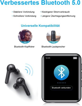 MP3 плеєр 32GB Bluetooth 5.0 з сенсорним екраном, Hi-Fi звук, радіо, диктофон, металевий корпус (Чорний)