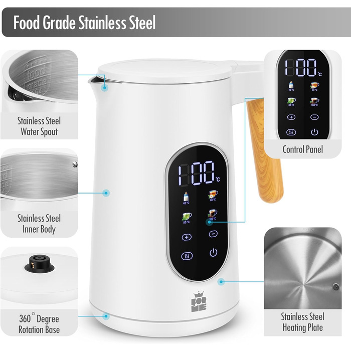 Електричний чайник ForMe з нержавіючої сталі 1.7L з регулюванням температури 40-100°C, LED дисплеєм, функцією підтримання тепла, BPA Free, білий