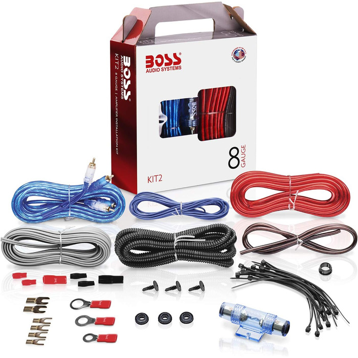 Набір кабелів для підсилювача BOSS AUDIO KIT2 8 AWG, монтажний комплект для авто, силовий кабель 3,27 мм, RCA, багатобарвний