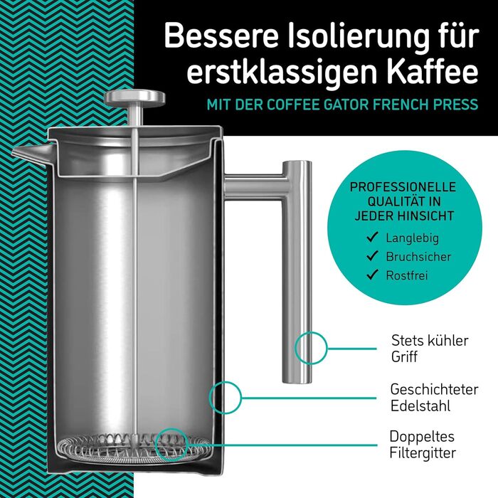 Coffee Gator French Press Coffee Maker - Stainless Steel Thermo Coffee Pot for Longer Hot Coffee - 1 Liter – Grey - Includes Travel Coffee Canister