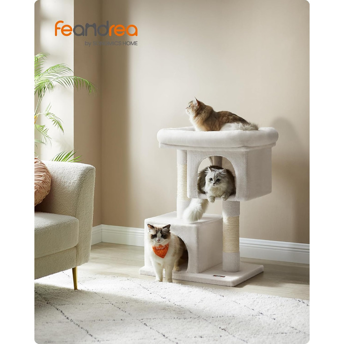 Feandrea Cat Tree, 84 cm Cat Tree, L, Cat House for Large Cats up to 7 kg, Large Platform, 2 Cat Caves, Sisal Posts, PCT61W (L (60 x 40 x 84 cm), Cream White)
