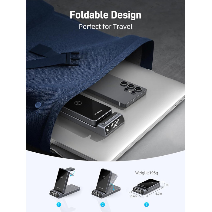 Бездротова зарядка для Samsung з годинником: станція для Galaxy S25 Ultra/S24/Z Fold 6/Flip 7/Bud, Watch, Galaxy Watch 8/7/6/5Pro, 3 в 1, сірий