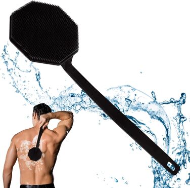 Силіконовий скребок для тіла під душ з довгим руків'ям, двостороння дзеркальна щітка для душу для скрабу та масажу, створює багато піни, скребок для спини з довгим руків'ям для чоловіків (Елегантний чорний)