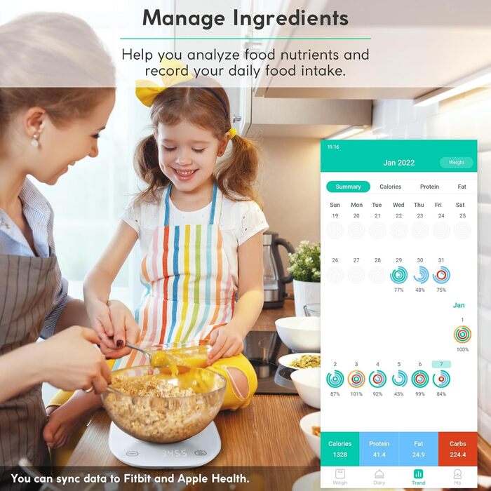 Кухонні ваги Arboleaf Digital з App, 10kg/0.5g, Bluetooth, підрахунок калорій, USB-зарядка, скло, функція тарування (білий)