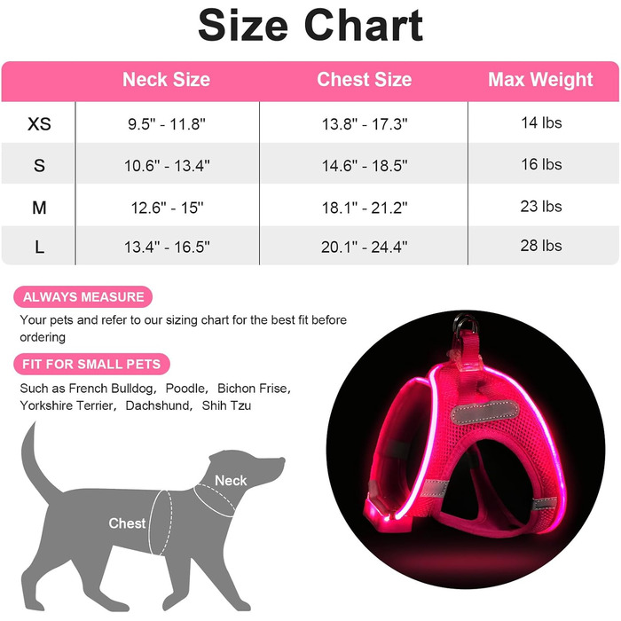Світлодіодне шлейка для собак з підзарядкою - світлотехнічна та світловідбиваюча для цуценят, собак середніх розмірів, нагрудна шлейка, дихаюча шлейка (рожева, L)