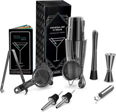 Набір для приготування коктейлів Navaris: шейкер, міксер та аксесуари (11 шт.) з рецептами - професійний барний аксесуар, чорний