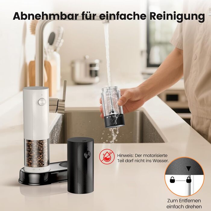 Електричні мельниці для солі та перцю 2 шт. з USB-C зарядкою, регулюванням помелу, LED-підсвічуванням, керамічним жорном та стійкою підставкою – чорний та білий