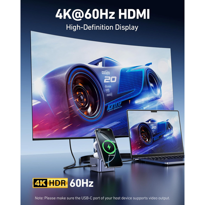 BENFEI 3-в-1 Станція зарядки MagSafe з USB-C хабом – для iPhone 16/15/14/13/12, Apple Watch та AirPods. HDMI (4K@60Hz), 100W PD, 2x USB 3.0 (5Gbps)