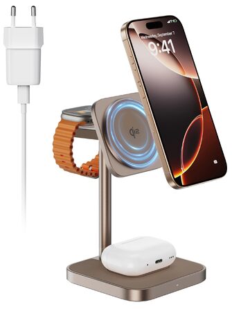 Станція зарядки LULULOOK Qi2 MagSafe 3 в 1 з алюмінію для Apple Watch та iPhone з підтримкою швидкої зарядки 15W (для iPhone 17 Pro Max/17 Pro/17 Air/17) та 5W (для Apple Watch Ultra, AirPods), титан