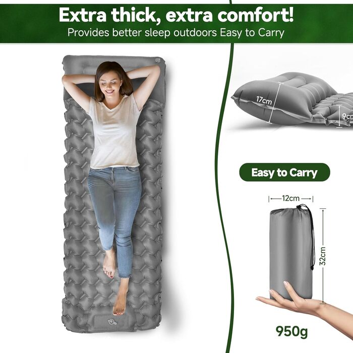 Каремат туристичний надувний Isomatte 9 см, 200x68 см, з подушкою, водонепроникний - для кемпінгу, походів, пляжу (Сірий)