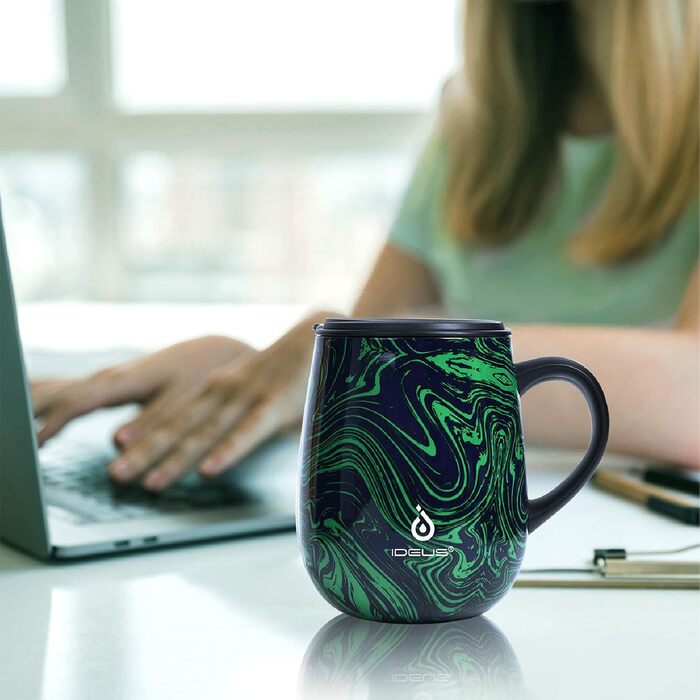 Кружка для кави та чаю Ideus 470 мл з подвійними стінками, нержавіюча сталь, з неслизьким ручним тримачем та кришкою-відкидником, великий об'єм (Трав'яний зелений)