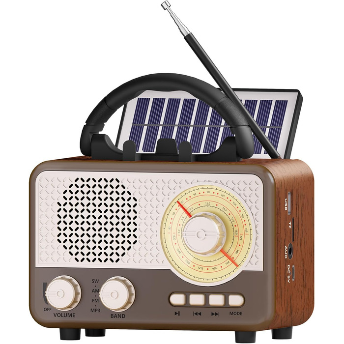 Портативна радіоприймач AM/FM/SW з сонячною батареєю, Bluetooth, USB/TF/AUX, для кемпінгу та подорожей. Підходить як подарунок для чоловіків