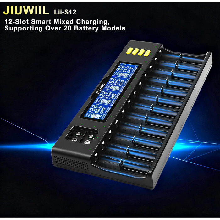 Зарядний пристрій для акумуляторів 18650 JIUWIIL з LCD-дисплеєм, універсальний, 12+2 слоти, для Li-Ion, LiFePO4, 26650, 17500, 16340, 18650, 14500, 10440 та 9V акумуляторів