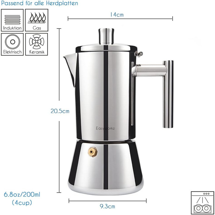 Easyworkz Diego Stovetop Espresso Maker, Stainless Steel, Italian Coffee Machine, Moka Pot for 6 Cups, 300 ml Espresso Pot for Induction (200ml, Silver)
