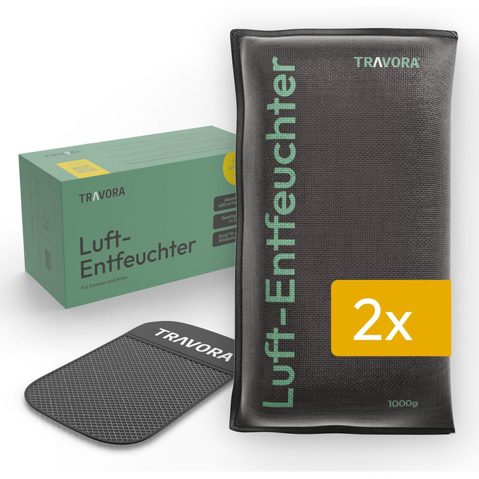 TRAVORA Dehumidifier Pillow 2x 1 kg with Anti-Slip Pad - Dehumidifier - reusable - car interior - extra large, Black