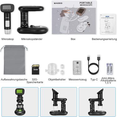 Цифровий мікроскоп WADEO USB HD з 50x-1600x збільшенням, портативна інспекційна камера, кабельне ручне збільшення з 8 LED та стійкою, сумісний з iOS, Android та планшетами (2 дюйми)