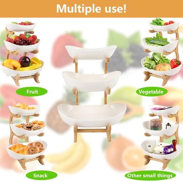 Багатоярусна фруктова миска з кераміки для кухні, 3 яруси, з дерев'яними підставками, для овочів, фруктів, снеків, декор