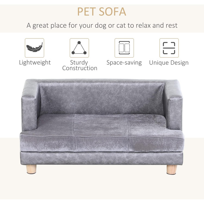 PawHut Собаче ліжко-диван для собак та котів з дерев'яним каркасом, плюшевий чохол, подушка з піною, 68 x 41 x 32 см