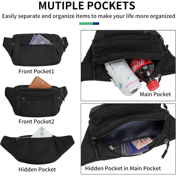 Чоловіча/жіноча поясна сумка-бананка з 5 відділеннями, водонепроникна, для подорожей, прогулянок з собакою та активного відпочинку, чорна