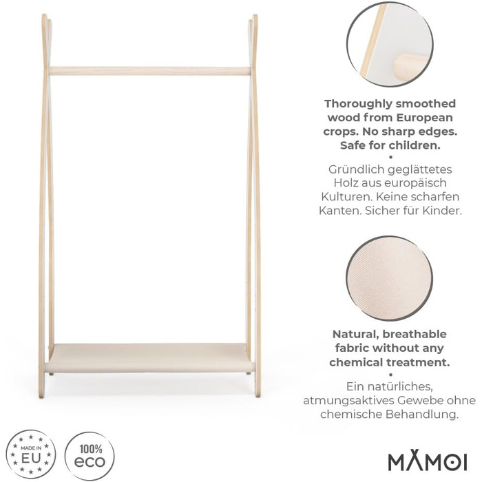 MAMOI® Clothes Rack Baby Nursery | Children's Clothes Rack 106x95x32cm / 53x95x32cm | Children's Clothes Stand Baby | Coat Rack | Baby Wardrobe | Children's Wardrobe | 100% ECO | Made in EU (1 Module - 1 Shelf, White - Beige)