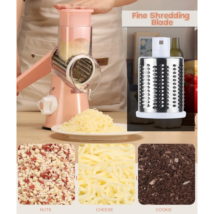 Ручна тертка Ourokhome Rotary: тертка для овочів, сиру, горіхів, картоплі, моркви, кабачків (рожева) з 3 лезами