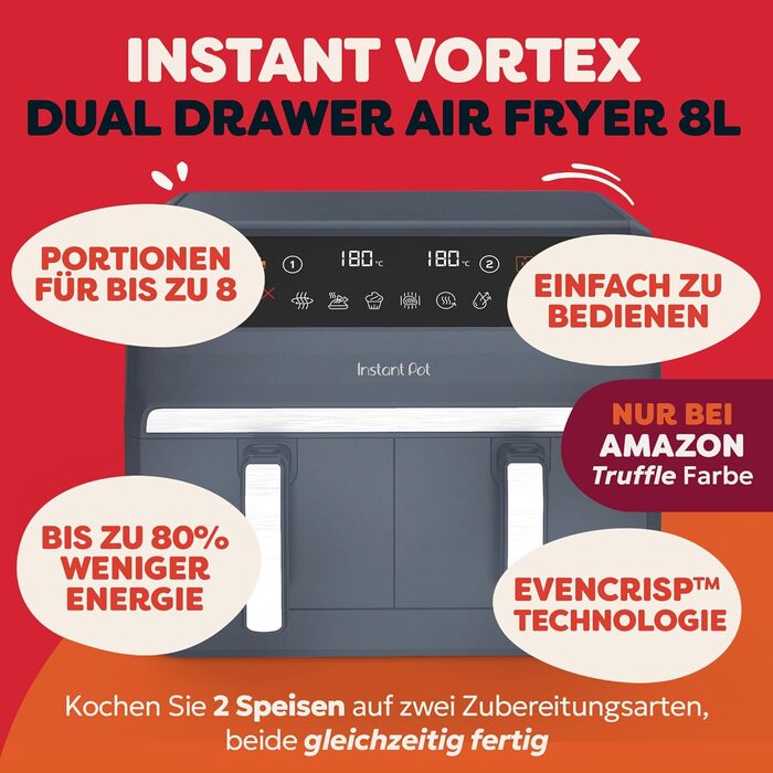Фритюрниця повітряна Instant Pot Vortex Compact Trüffel Grau 5 л з сіткою, сімейна, 4-в-1: фритюрниця, сушарка, духовка, підігрівач, антипригарне покриття, легко мити, придатна для миття в посудомийній машині. Колір: сірий