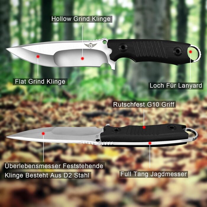 Ніж для полювання KOMWERO з фіксованим лезом D2, G10 рукоятка, Kydex чохол, гострий туристичний ніж для виживання, бушкрафту, з подарунковою коробкою, нековзка ручка