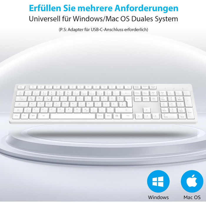 Бездротовий комплект клавіатури та миші Leadsail K786 з цифровою клавіатурою QWERTZ (німецька) - тиха клавіатура, 2.4 GHz, USB Nano приймач для ПК/ноутбука (білий)