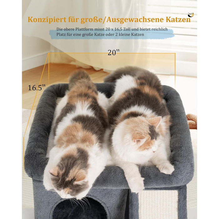 Aechonow Cat Tree for Large Cats - Stable, Cat Tree with Large Lying Area (51x41cm), 3-Tier Cat Cave Bed for Indoor Adult Cats, Dark Grey