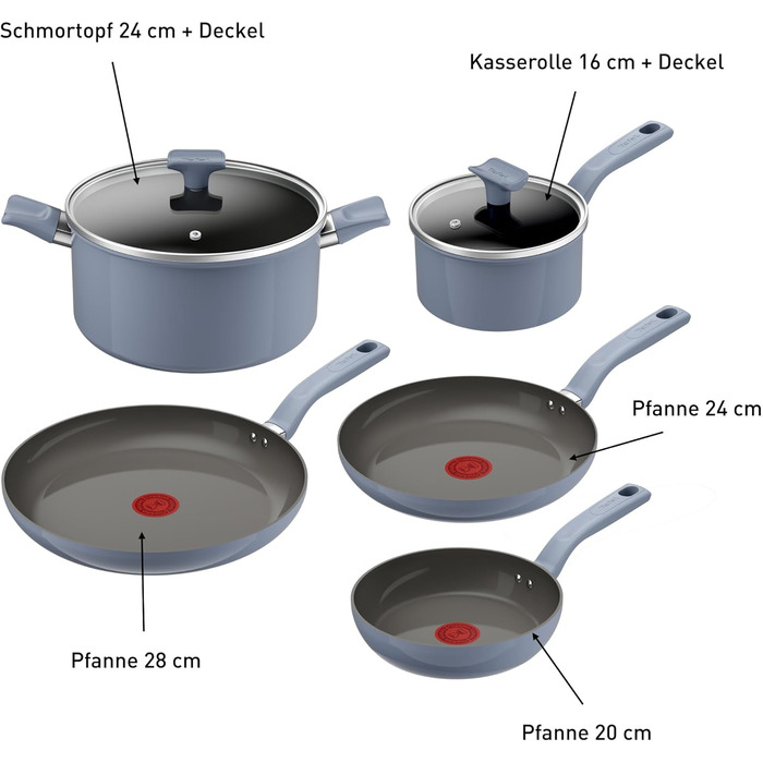 Набір посуду Tefal CERA BRIGHT ON 7 предметів: сковорідки 20/24/28 см, каструля 16 см, каструля 24 см + кришки. Керамічне антипригарне покриття, алюмінієвий корпус, індикатор нагріву Thermo-Signal, для всіх типів плит, бежевий (блакитний)