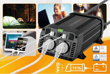 Автомобільний інвертор Technaxx TE16 12В-230В, 1200Вт/2400Вт, 2x Schuko, 2x USB, TÜV Rheinland, перетворювач напруги