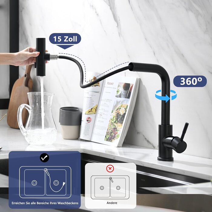 Кухонний змішувач AIMADI висувний, чорний, з 3-сторонньою душовою насадкою, 38 см шланг, однорідний міксер для холодної та гарячої води, для раковини та кухонного острова, водоспад, чорний