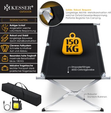Кемпінгове ліжко KESSER® розкладне з сумкою, ліхтарем та бічною кишенею. Стабільне, металеве, 150 кг, 600D Oxford, 190/210 см, чорне