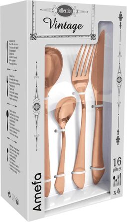 Набір столових приборів Amefa INSTINCT 16 предметів для 4 осіб, нержавіюча сталь 18/0, мідний колір, PVD покриття, вінтажний стиль