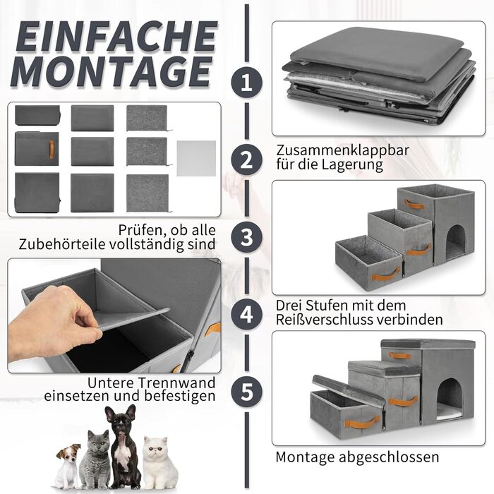 Сходинка для собак та котів Haustiertreppe, складана з місцем для відпочинку, сіра (3 сходинки, сіре гніздо)