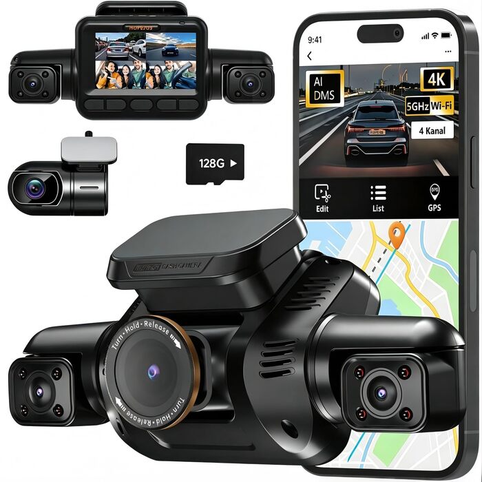 Автомобільний відеореєстратор HUPEJOS V8Pro 4K 4-канальний, 360 градусів, передня та задня камери, глянцевий чорний