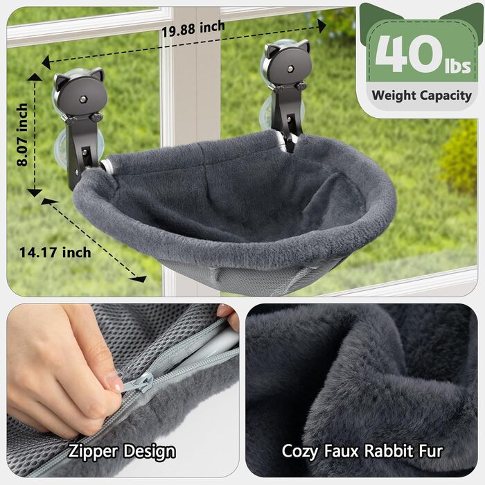 Window perch for cats, foldable & stable cat beds - breathable cat window hammock for monitoring, sunbathing, and climbing - holds up to 18kg max (faux fur rabbit, gray)
