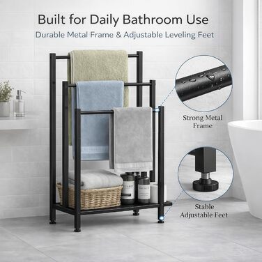 Підставка для рушників підлогова металева, рушниківець freestanding на 3 стріжні, чорний — для ванної кімнати, вітальні та спальні
