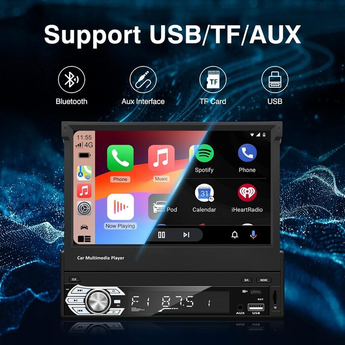 EZoneTronics 7-дюймове 1DIN автомагнітола з CarPlay/Android Auto, сенсорний екран, Bluetooth, підтримка SWC, Mirror Link, еквалайзер, FM/RDS, USB Type-C, AUX, TF-карта, камера заднього виду CW0013