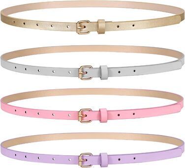 LEACOOLKEY Набір з 4 тонких шкіряних жіночих ременів для суконь, джинсів та штанів з золотою пряжкою (100см, 130см). Підходить для об'єму талії 66-79см та 104-114см. Кольори: золото, сірий, рожевий, фіолетовий