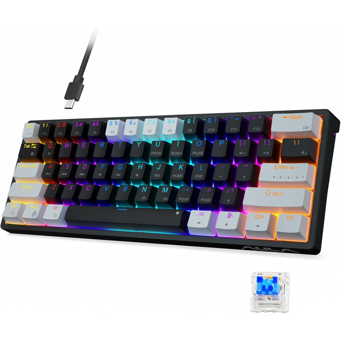 Механічна ігрова клавіатура AULA 60% з RGB-підсвічуванням, Hot-Swap, Type-C, блакитні перемикачі (чорно-сірий)