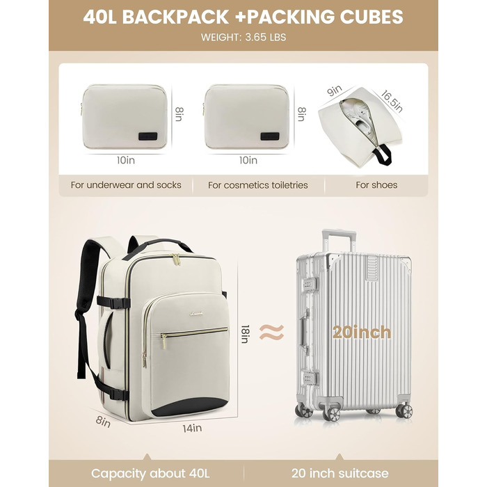 Рюкзак LOVEVOOK для ручної поклажі в літак, 40L, великий, для жінок, валіза-рюкзак, водонепроникний, для ноутбука 17 дюймів, для подорожей, бізнесу, роботи, відпочинку, хайкінгу, weekend (M, Бежевий+чорний)