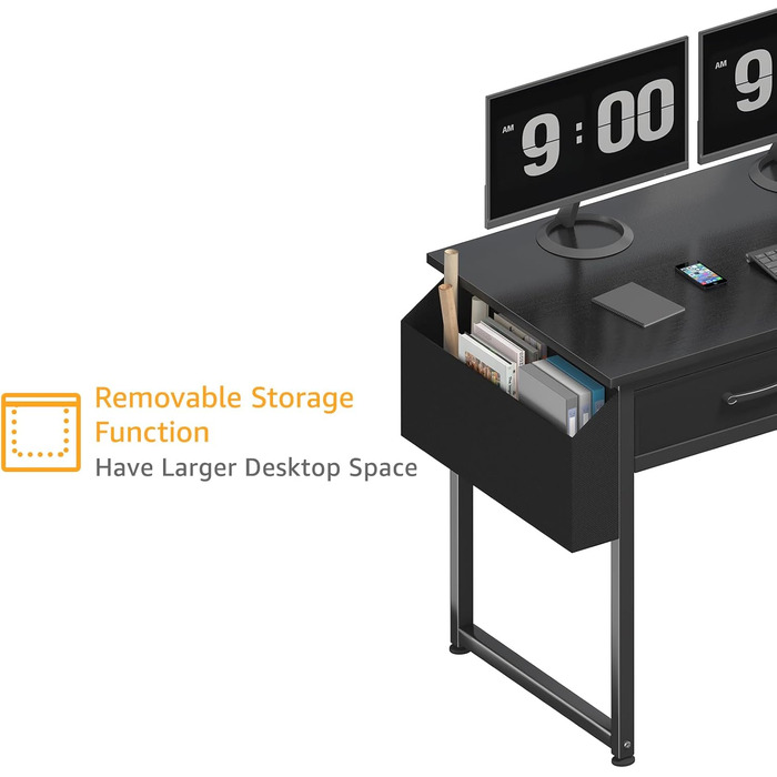 Small Black Computer Desk with Fabric Drawers - Home Office & Gaming - 39.4 inch