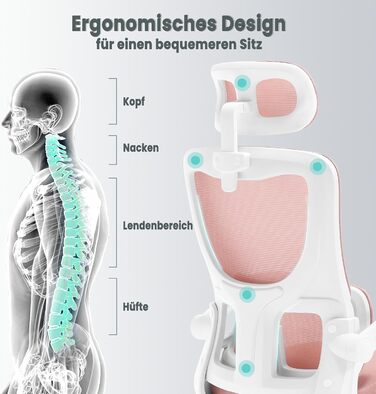 Офісний стіл Woltu: ергономічне крісло з функцією гойдання, регульована підголовник, обертові підлокітники, підтримка попереку, 150 кг, Рожевий