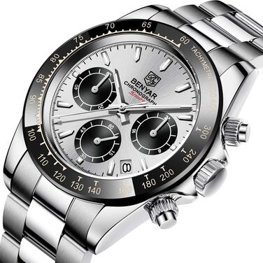 Чоловічий годинник BENYAR: Хронограф, кварцовий механізм, водонепроникний, з нержавіючої сталі, білий та чорний колір