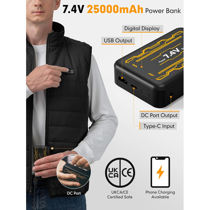 Обогріваючий жилет з підігрівом для жінок та чоловіків, жилетка з акумулятором 7.4V/5.0V, 3 режими температури, 6 зон нагріву, зимовий жилет-куртка, чорний, 25000mAh