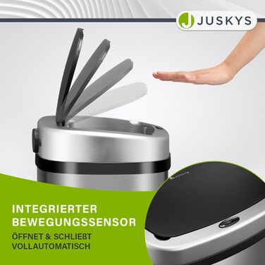 Сміттєвий бак кухонний Juskys з датчиком руху, 70 л, сріблястий - нержавіюча сталь, кутовий, з фіксатором для пакетів