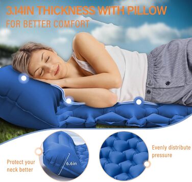 Каремат JINYOMFLY самонадувний туристичний, посилений, з насосом та подушкою, водонепроникний, ультралегкий для кемпінгу, піших прогулянок, відпочинку на природі (Блакитний)