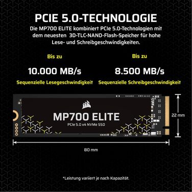SSD Corsair MP700 Elite 2TB PCIe 5.0 NVMe M.2 – Швидкість до 10000 МБ/с, без радіатора