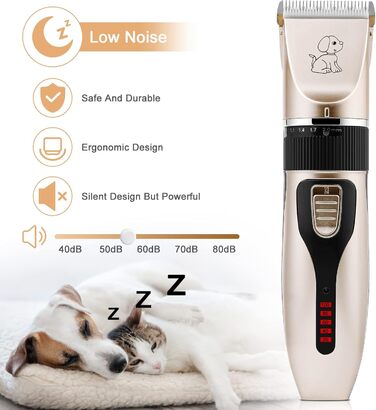 Безшумна машинка для стрижки собак та котів з 2 швидкостями, акумуляторна, бездротова, з 11 насадками (чорний/золотий)